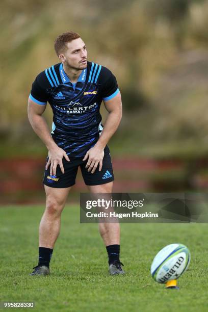 Ihaia West lines up a kick during a Hurricanes Super Rugby training session at Rugby League Park on July 11, 2018 in Wellington, New Zealand.