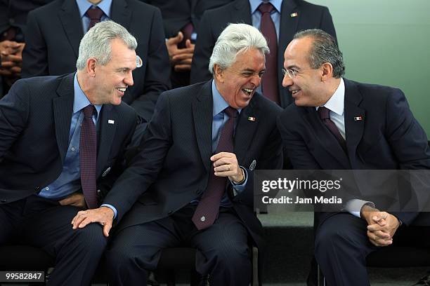 Head coach Javier Aguirre ,president of FEMEXFUT Justino Compean and President of Mexico Felipe Calderon during the flag raising ceremony of the...