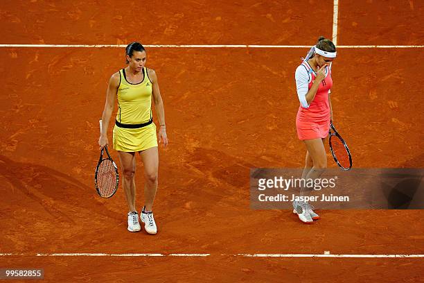 Flavia Pennetta of Italy and Gisela Dulko of Argentina reacts during their final doubles match against Venus Williams and Serena Williams of the USA...