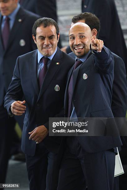 Mexican soccer players Cuauhtemoc Blanco and Oscar Perez during the flag raising ceremony of the Mexico National Soccer Team at the Mexican Soccer...