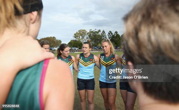 Eastern Allies Alyce Parker tlaks to team mates during the AFLW U18 Championships match between Western Australia and Eastern Allies at Broadbeach...