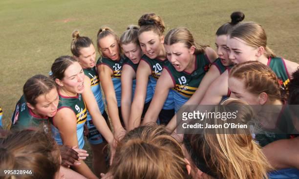 Eastern players during the AFLW U18 Championships match between Western Australia and Eastern Allies at Broadbeach Sports Club on July 11, 2018 in...