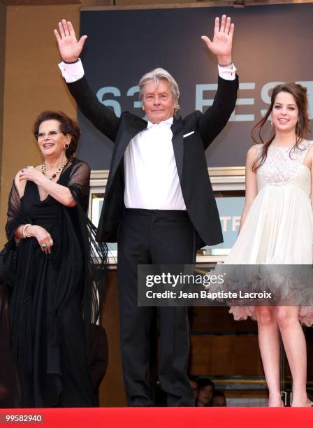 Anouchka Delon, Claudia Cardinale and Alain Delon attend the Premiere of 'Wall Street: Money Never Sleeps' held at the Palais des Festivals during...