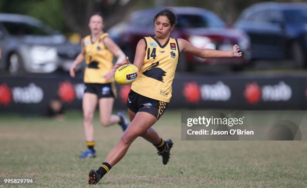 S Rikkiesha Carling during the AFLW U18 Championships match between Western Australia and Eastern Allies at Broadbeach Sports Club on July 11, 2018...