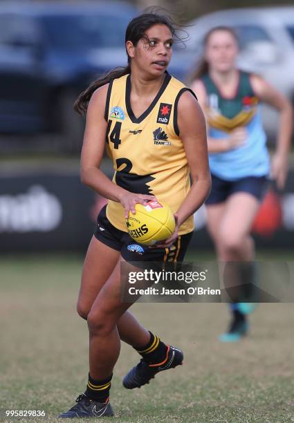 S Rikkiesha Carling during the AFLW U18 Championships match between Western Australia and Eastern Allies at Broadbeach Sports Club on July 11, 2018...