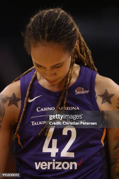 Brittney Griner of the Phoenix Mercury during the first half of WNBA game against the Connecticut Sun at Talking Stick Resort Arena on July 5, 2018...