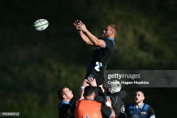 Brad Shields takes a lineout ball during a Hurricanes Super Rugby training session at Rugby League Park on July 11, 2018 in Wellington, New Zealand.