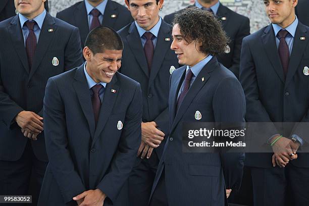 Mexican soccer players Carlos Salcido and Guillermo Ochoa during the flag raising ceremony of the Mexico National Soccer Team at the Mexican Soccer...