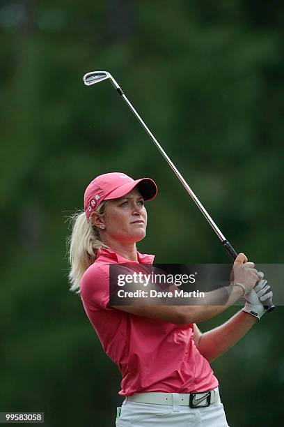 Suzann Pettersen of Norway watches her tee shot on the 17th hole during third round play in the Bell Micro LPGA Classic at the Magnolia Grove Golf...