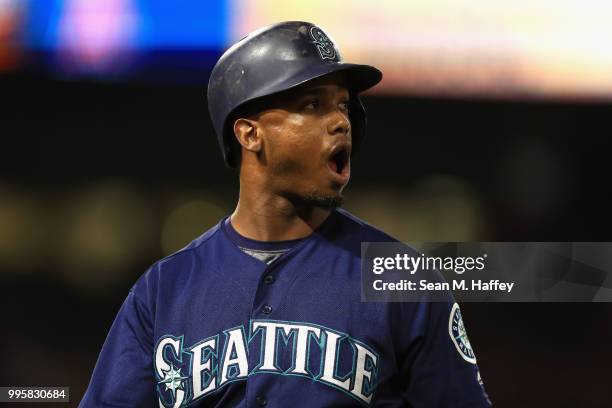 Jean Segura of the Seattle Mariners reacts to fouling out during the fifth inning of a game against the Los Angeles Angels of Anaheim at Angel...