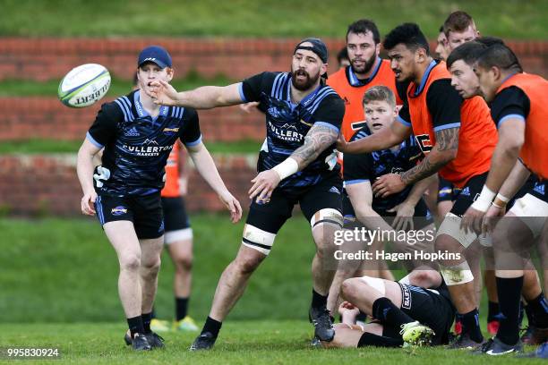 Blade Thomson passes during a Hurricanes Super Rugby training session at Rugby League Park on July 11, 2018 in Wellington, New Zealand.