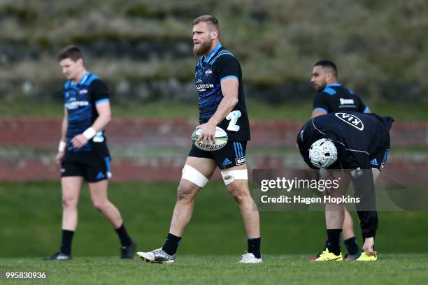 Brad Shields looks on during a Hurricanes Super Rugby training session at Rugby League Park on July 11, 2018 in Wellington, New Zealand.