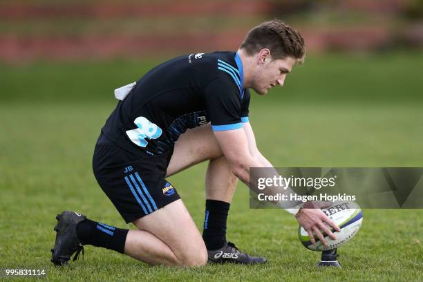 Jordie Barrett lines up a kick during a Hurricanes Super Rugby training session at Rugby League Park on July 11, 2018 in Wellington, New Zealand.
