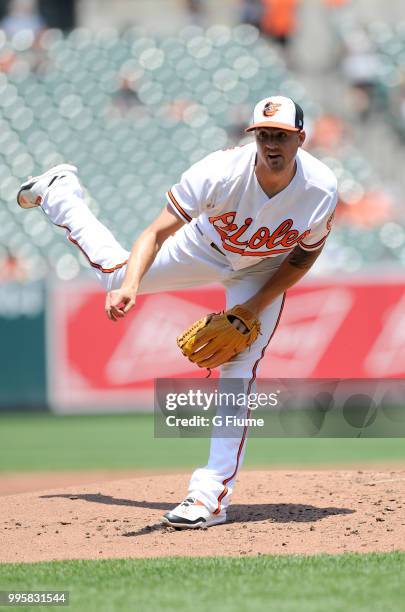 Kevin Gausman of the Baltimore Orioles pitches against the Los Angeles Angels at Oriole Park at Camden Yards on July 1, 2018 in Baltimore, Maryland.