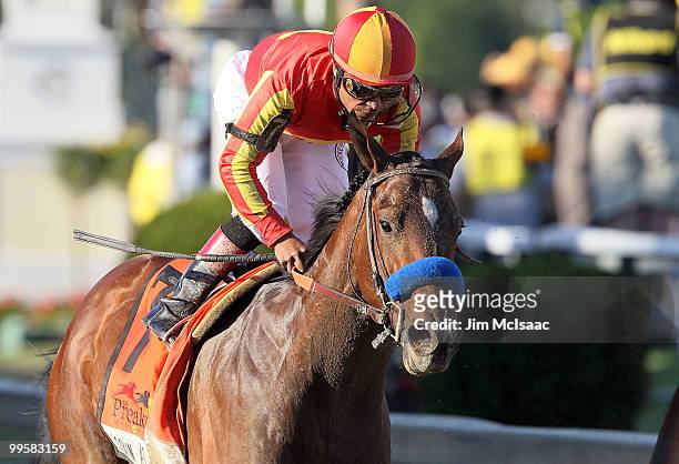 Lookin At Lucky, ridden by Martin Garcia after winning the 135th running of the Preakness Stakes at Pimlico Race Course on May 15, 2010 in Baltimore,...