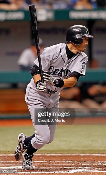 Outfielder Ichiro Suzuki of the Seattle Mariners bats against the Tampa Bay Rays during the game at Tropicana Field on May 15, 2010 in St....