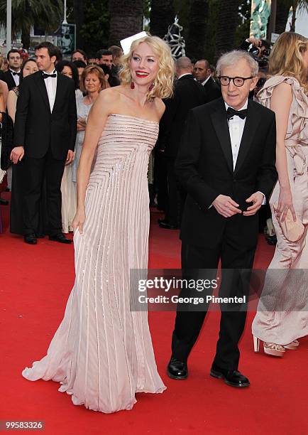 Actress Naomi Watts and director Woody Allen attend the 'You Will Meet A Tall Dark Stranger' Premiere held at the Palais des Festivals during the...