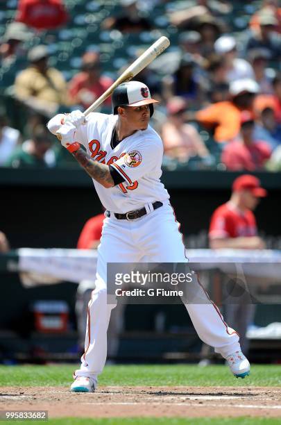 Manny Machado of the Baltimore Orioles bats against the Los Angeles Angels at Oriole Park at Camden Yards on July 1, 2018 in Baltimore, Maryland.