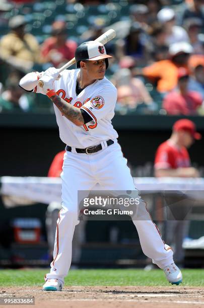 Manny Machado of the Baltimore Orioles bats against the Los Angeles Angels at Oriole Park at Camden Yards on July 1, 2018 in Baltimore, Maryland.