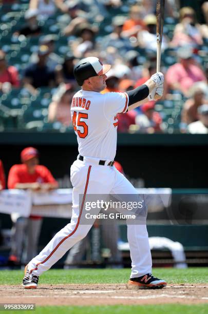 Mark Trumbo of the Baltimore Orioles hits a home run against the Los Angeles Angels at Oriole Park at Camden Yards on July 1, 2018 in Baltimore,...