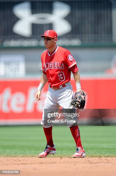 Ian Kinsler of the Los Angeles Angels plays second base against the Baltimore Orioles at Oriole Park at Camden Yards on July 1, 2018 in Baltimore,...