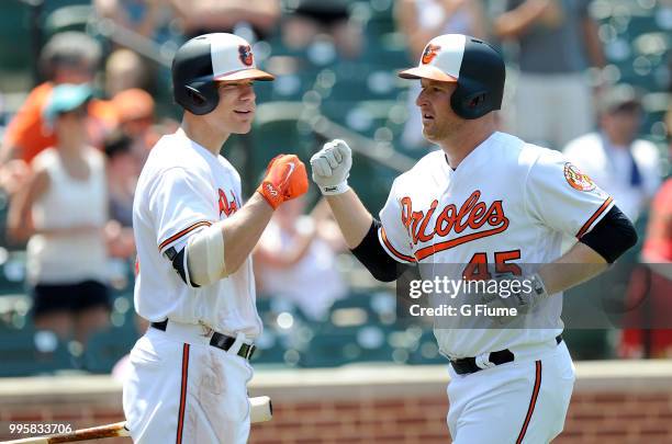 Mark Trumbo of the Baltimore Orioles celebrates with Chris Davis after hitting a home run against the Los Angeles Angels at Oriole Park at Camden...