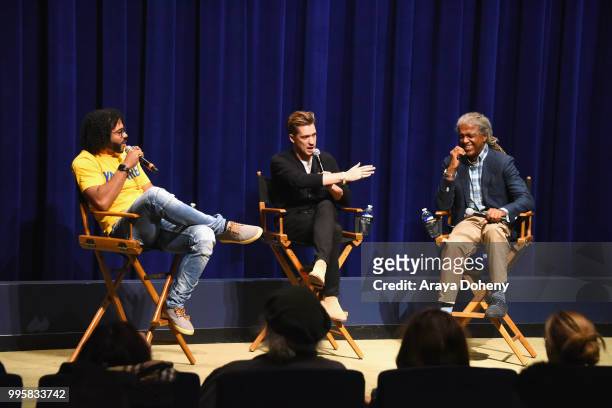 Daveed Diggs, Rafael Casal and Elvis Mitchell attend Film Independent at the WGA Theater presents screening and Q&A of "Blindspotting" at The WGA...