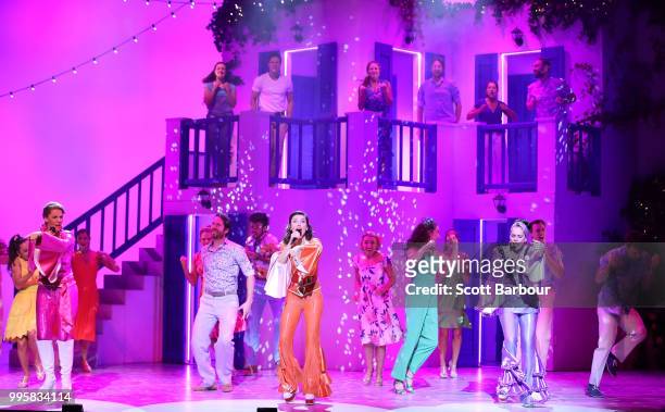 Lisa Sontag, Natalie O'Donnell and Sarah Kate Landy perform during a production media call for Mamma Mia! The Musical at Princess Theatre on July 11,...