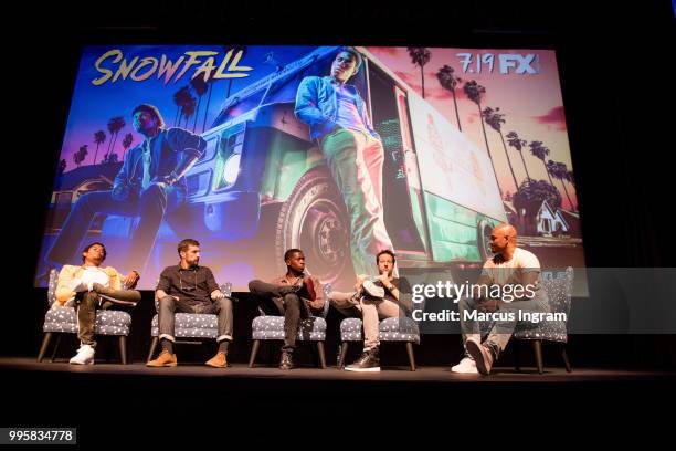 Isaiah John, Carter Hudson, Damson Idris, Dave Andron, and Big Tigger on stage during the Atlanta screening of "Snowfall" season 2 at SCAD Show on...