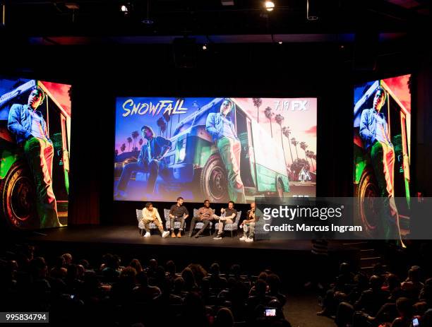 Isaiah John, Carter Hudson, Damson Idris, Dave Andron, and Big Tigger on stage during the Atlanta screening of "Snowfall" season 2 at SCAD Show on...