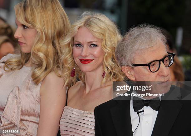 Actress Lucy Punch, actress Naomi Watts and director Woody Allen attend the 'You Will Meet A Tall Dark Stranger' Premiere held at the Palais des...