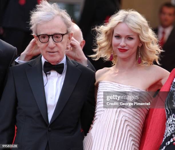 Actress Naomi Watts and director Woody Allen attend the 'You Will Meet A Tall Dark Stranger' Premiere held at the Palais des Festivals during the...