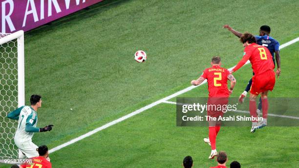 Samuel Umtiti of France heads to score the opening goal with his team mates during the 2018 FIFA World Cup Russia Semi Final match between Belgium...