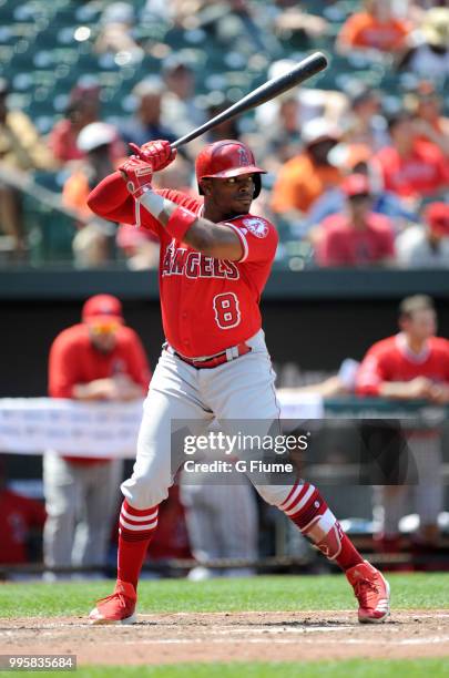 Justin Upton of the Los Angeles Angels bats against the Baltimore Orioles at Oriole Park at Camden Yards on July 1, 2018 in Baltimore, Maryland.