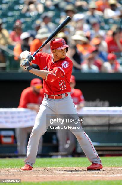 Andrelton Simmons of the Los Angeles Angels bats against the Baltimore Orioles at Oriole Park at Camden Yards on July 1, 2018 in Baltimore, Maryland.