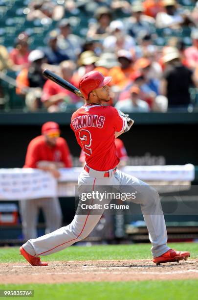 Andrelton Simmons of the Los Angeles Angels bats against the Baltimore Orioles at Oriole Park at Camden Yards on July 1, 2018 in Baltimore, Maryland.