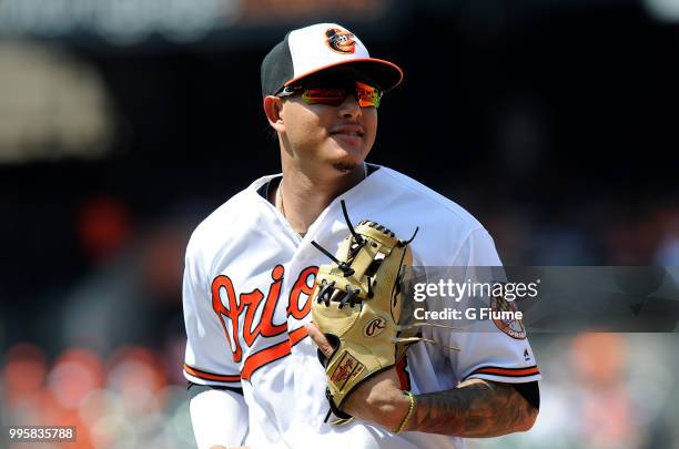 Manny Machado of the Baltimore Orioles runs to the dugout during the game against the Los Angeles Angels at Oriole Park at Camden Yards on July 1,...