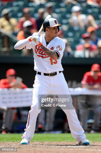 Manny Machado of the Baltimore Orioles bats against the Los Angeles Angels at Oriole Park at Camden Yards on July 1, 2018 in Baltimore, Maryland.