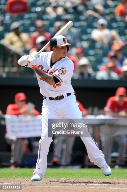 Manny Machado of the Baltimore Orioles bats against the Los Angeles Angels at Oriole Park at Camden Yards on July 1, 2018 in Baltimore, Maryland.