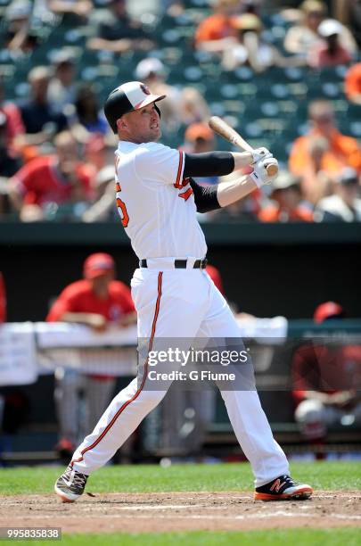 Mark Trumbo of the Baltimore Orioles bats against the Los Angeles Angels at Oriole Park at Camden Yards on July 1, 2018 in Baltimore, Maryland.