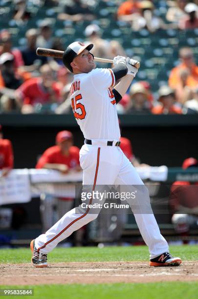 Mark Trumbo of the Baltimore Orioles bats against the Los Angeles Angels at Oriole Park at Camden Yards on July 1, 2018 in Baltimore, Maryland.