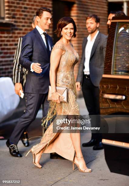 Neve Campbell leaves 'The Late Show With Stephen Colbert' at the Ed Sullivan Theater on July 10, 2018 in New York City.