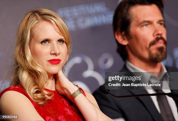 Lucy Punch and Josh Brolin attend the 'You Will Meet A Tall Dark Stranger' Press Conference held at the Palais des Festivals during the 63rd Annual...