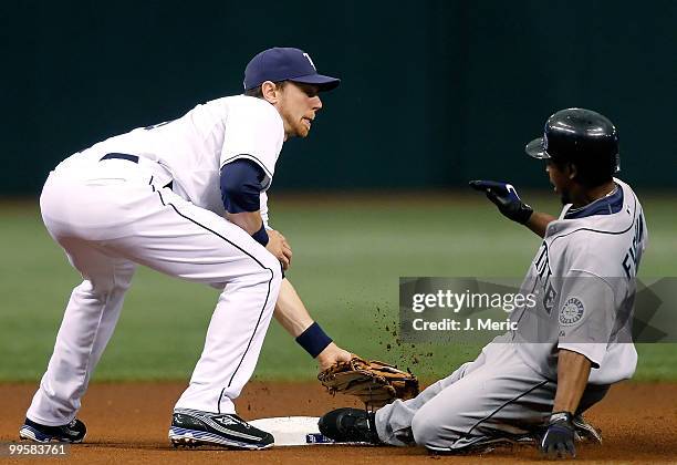 Infielder Ben Zobrist of the Tampa Bay Rays is late with the tag as Chone Figgins of the Seattle Mariners is safe at second during the game at...