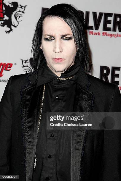 Singer Marilyn Manson arrives at the 2nd Annual Revolver Golden Gods Awards at Club Nokia on April 8, 2010 in Los Angeles, California.