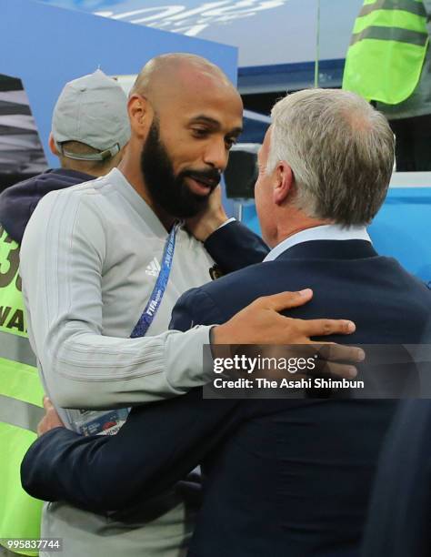 Head coach Didier Deschamps of France and assistant coach Thierry Henry of Belgium greet prior to the 2018 FIFA World Cup Russia Semi Final match...