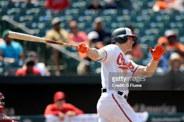 Chris Davis of the Baltimore Orioles bats against the Los Angeles Angels at Oriole Park at Camden Yards on July 1, 2018 in Baltimore, Maryland.