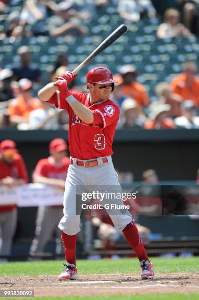 Ian Kinsler of the Los Angeles Angels bats against the Baltimore Orioles at Oriole Park at Camden Yards on July 1, 2018 in Baltimore, Maryland.