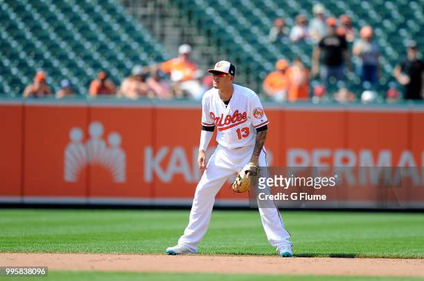 Manny Machado of the Baltimore Orioles plays shortstop against the Los Angeles Angels at Oriole Park at Camden Yards on July 1, 2018 in Baltimore,...
