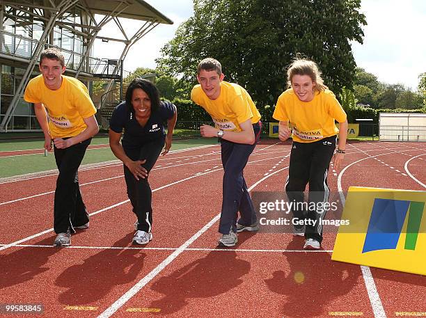 Andrew Monaghan, Kelly Holmes, Patrick Monagham and Katie Kirk pose during the Aviva sponsored mentoring day at Loughborough College on May 15, 2010...